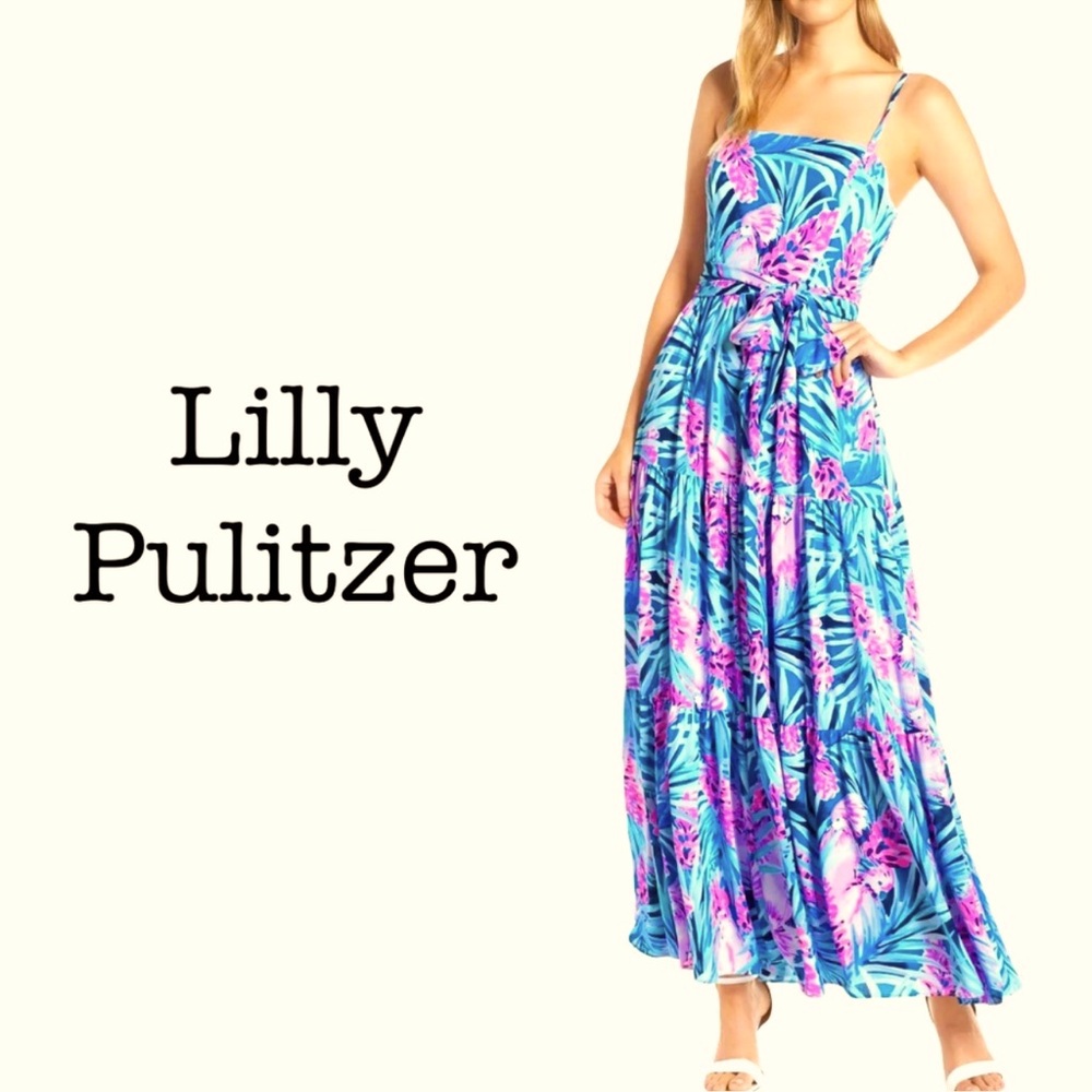 Lilly Pulitzer Blue Pink Tropical Print Maxi Dress